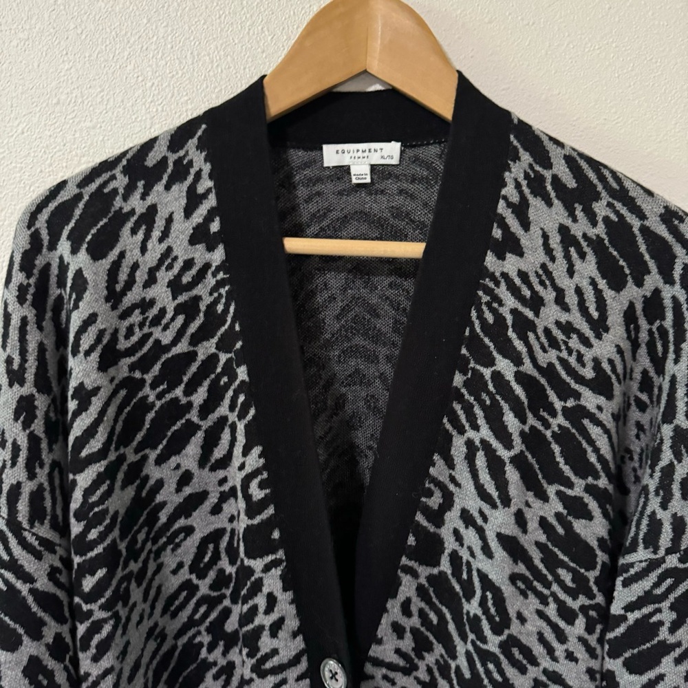 Equipment Femme Fenwick Leopard-Print Cardigan Wool Cashmere Black Gray Long -XL - Picture 4 of 11